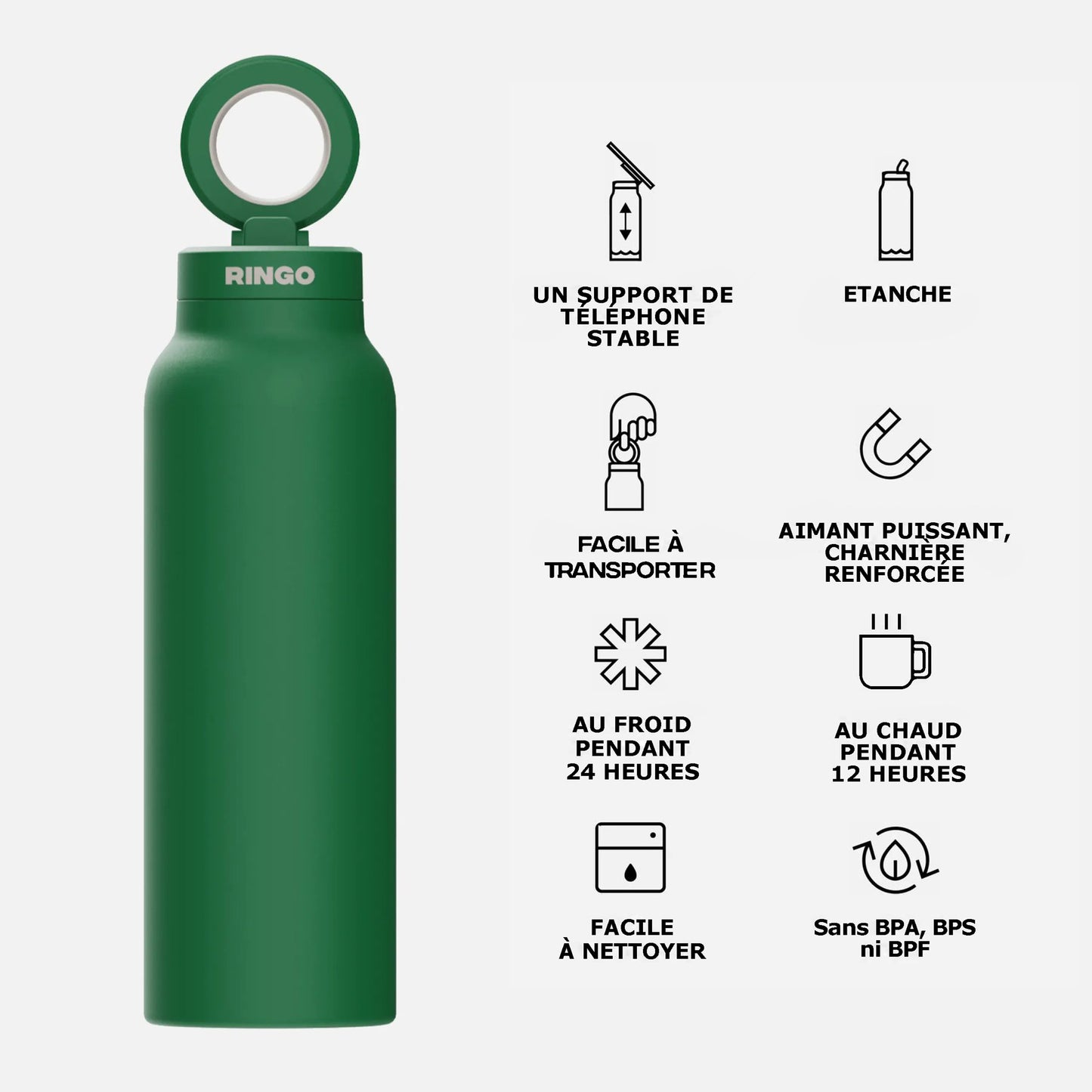 Bouteille MagSafe Ringo Pro verte 710 ml avec téléphone fixé