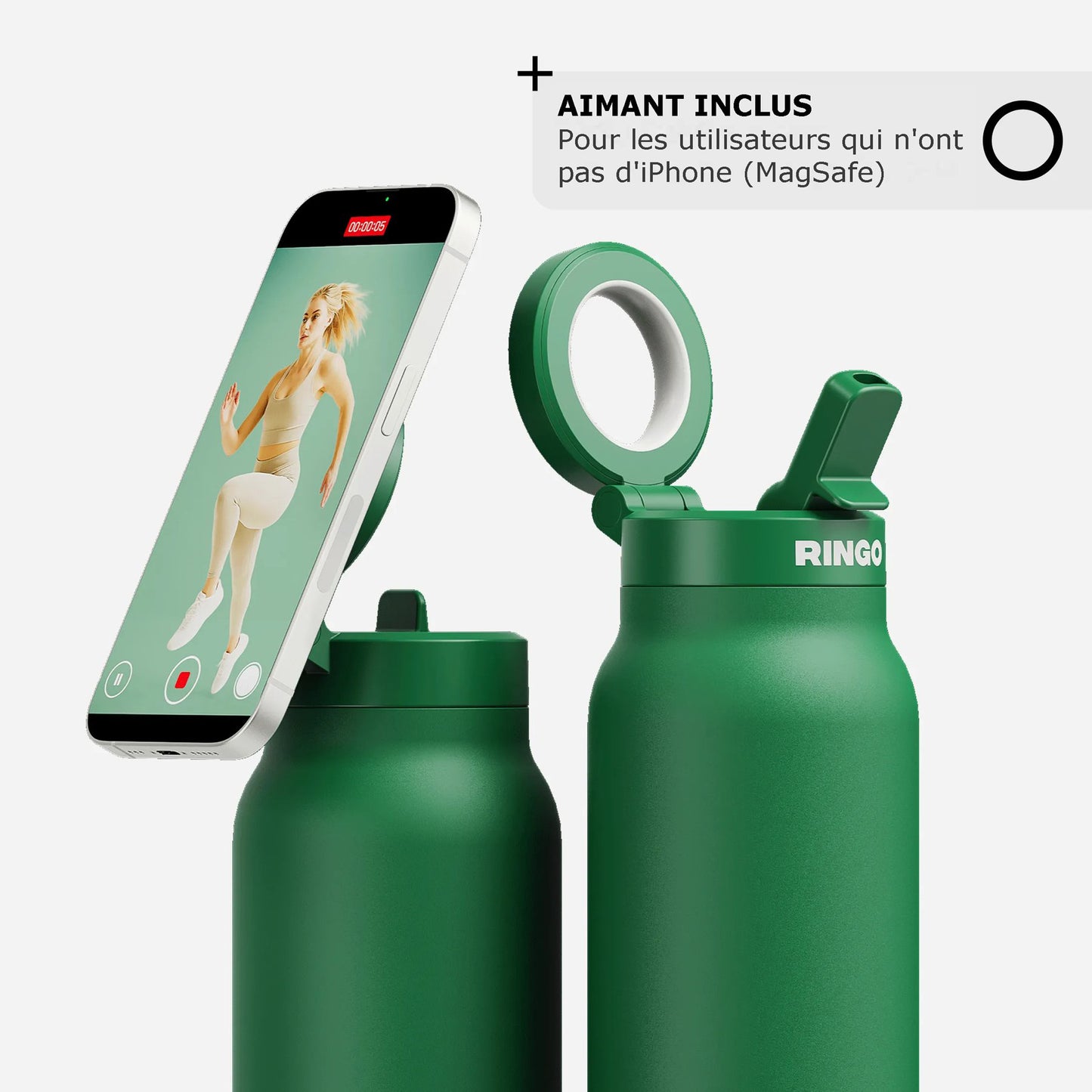 Gourde porte-téléphone Ringo Pro verte à la salle de sport