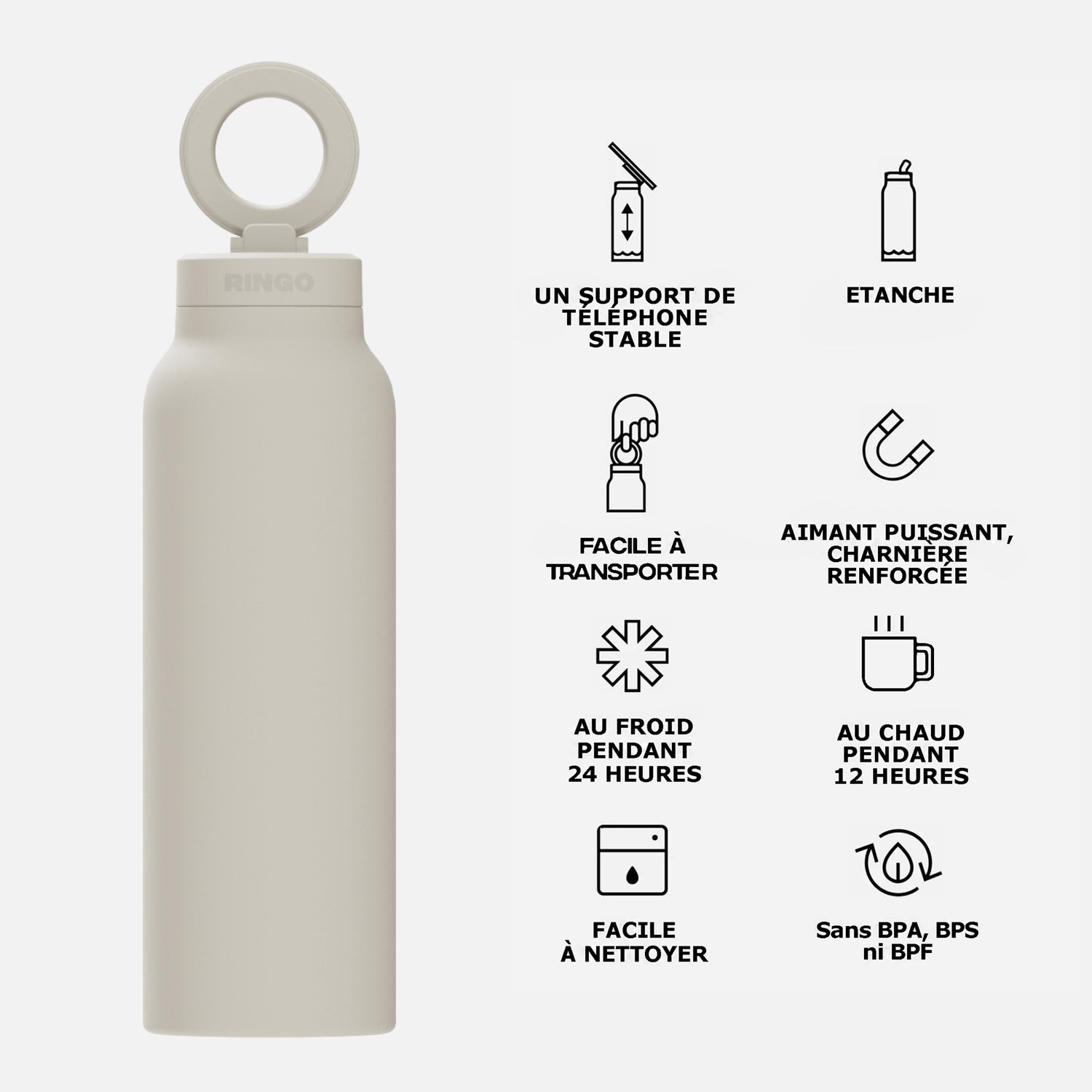 Bouteille MagSafe Ringo Pro beige 710 ml avec téléphone fixé