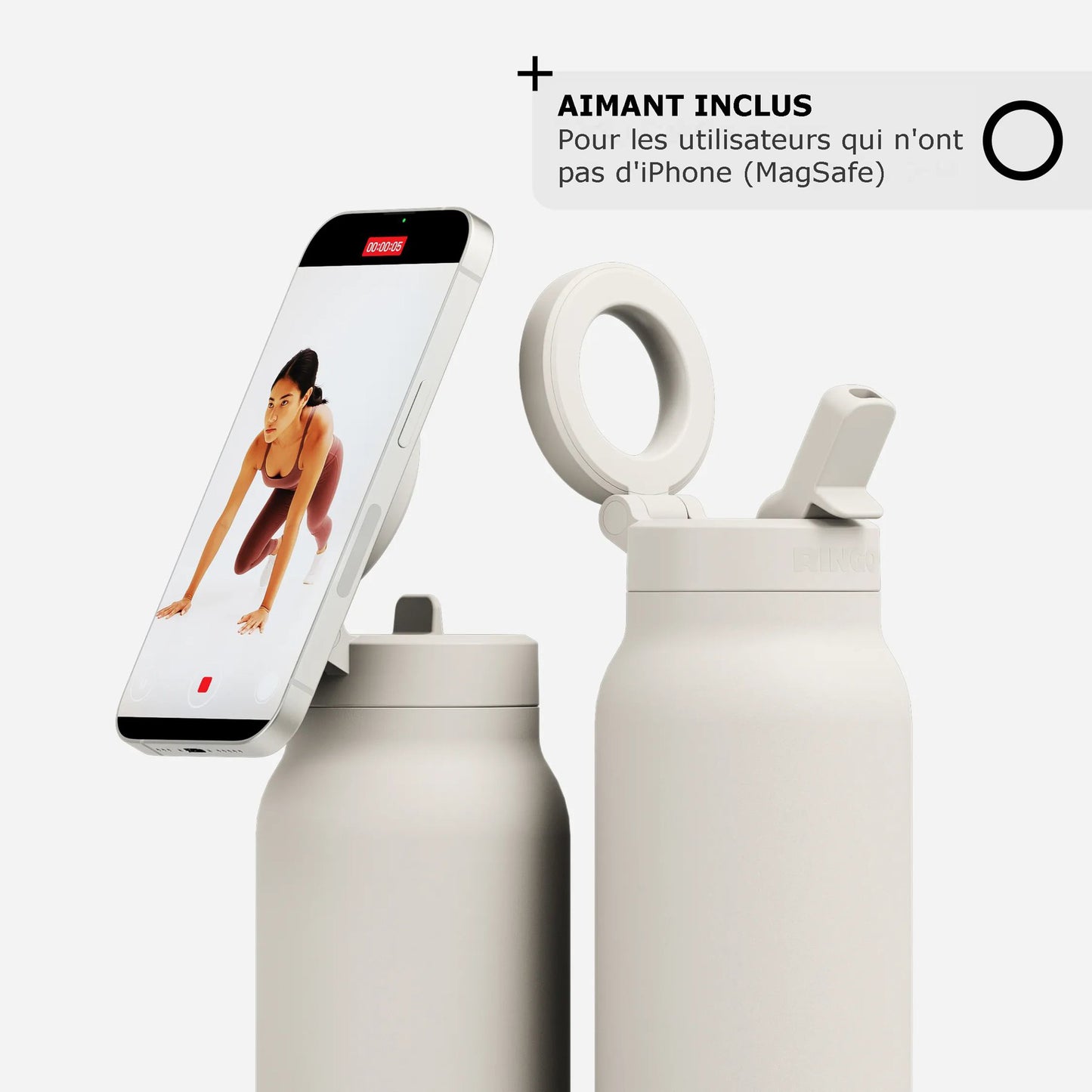 Gourde porte-téléphone Ringo Pro beige à la salle de sport