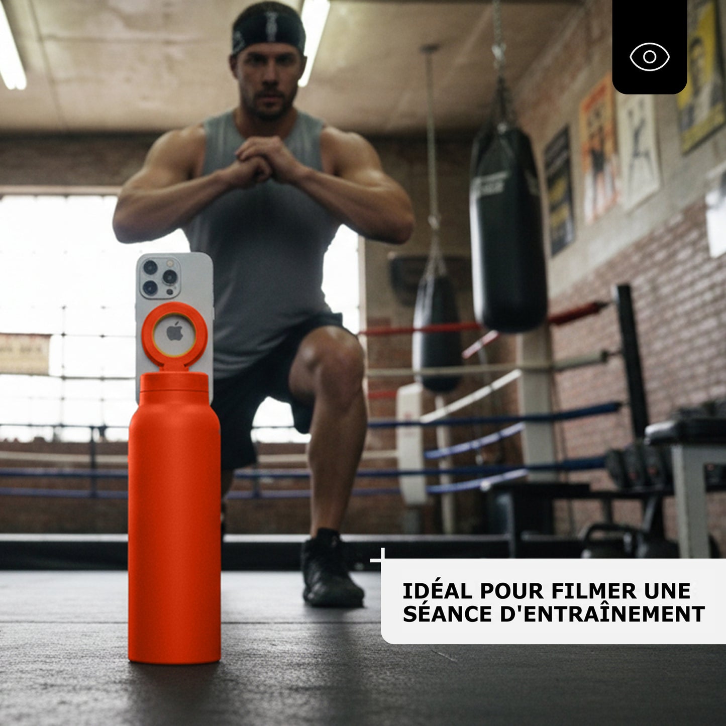 Gourde porte-téléphone Ringo Pro orange à la salle de sport